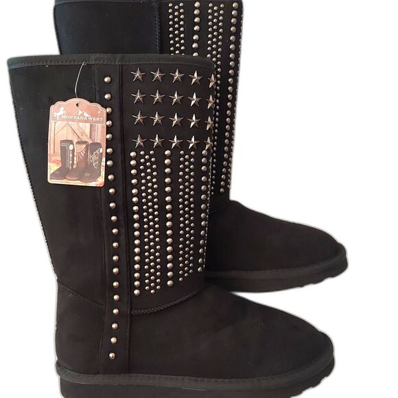 Womens Winter Boots Fuzzy Size 6 Black Sherpa Studded USA - Picture 1 of 10